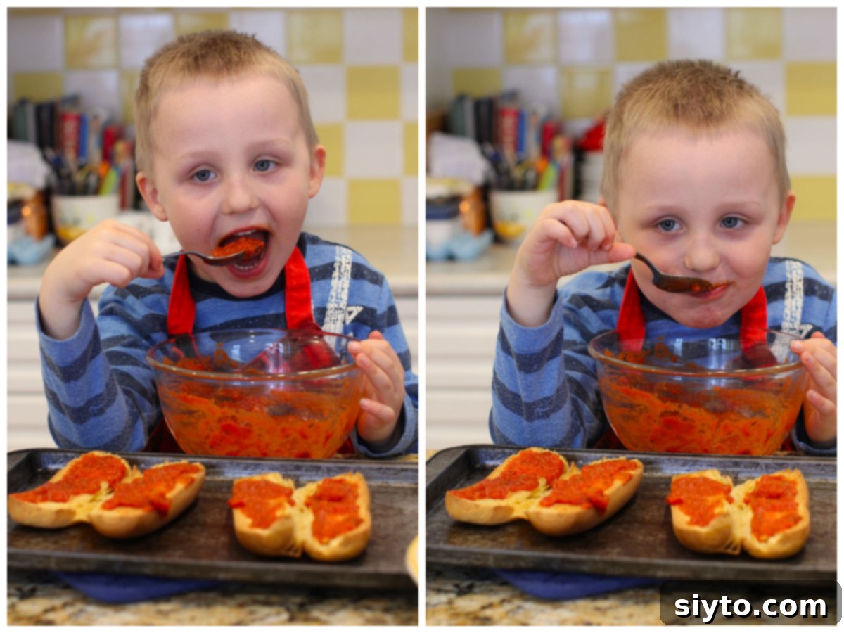 A two-photo collage showing Caleb secretly sneaking spoonfuls of the marinara sauce, enjoying the taste test.