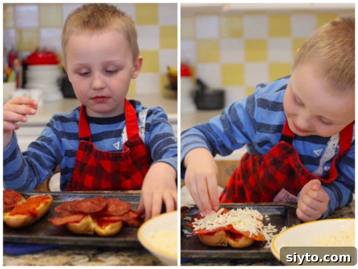 A two-photo collage: on the left, an adult's hands placing pepperoni slices onto a sauce-covered hot dog bun; on the right, Caleb's hands sprinkling shredded cheese over the assembled pizza dog buns.