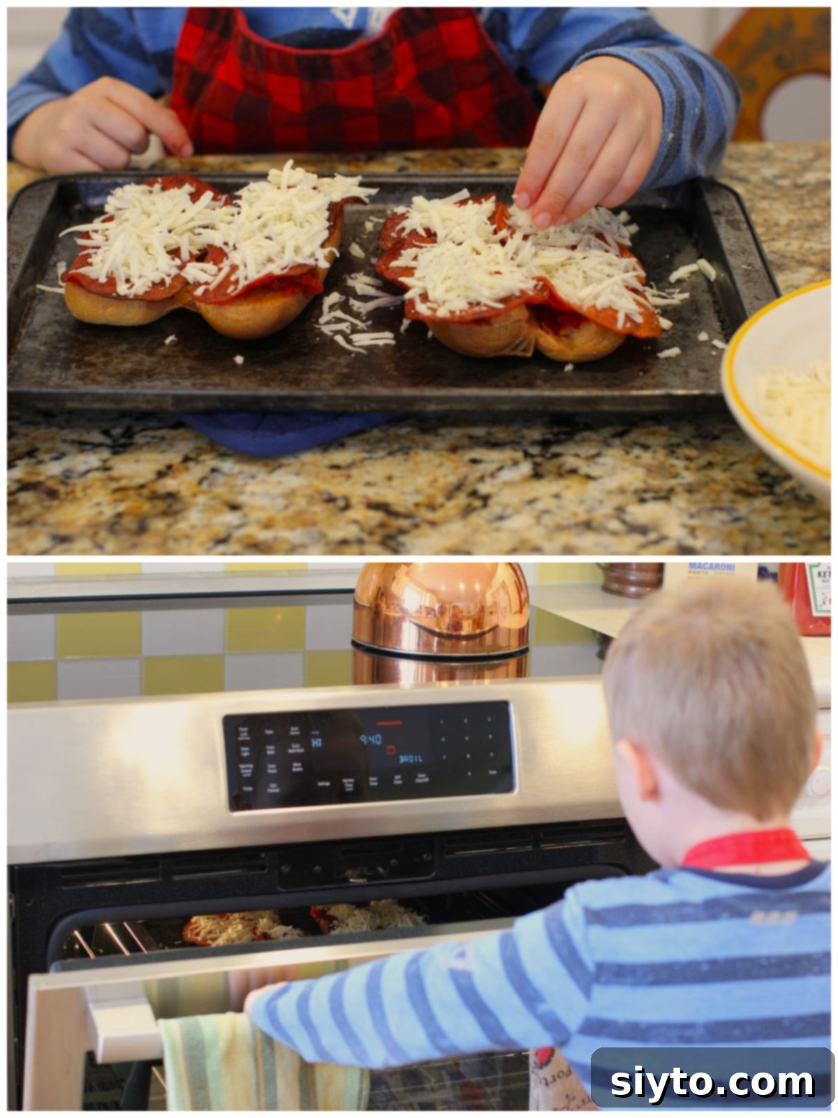 A two-photo collage: the top image shows child's fingers adding shredded cheese to pizza hot dog buns, and the bottom image shows Caleb holding the oven door open, eagerly watching his buns broil.