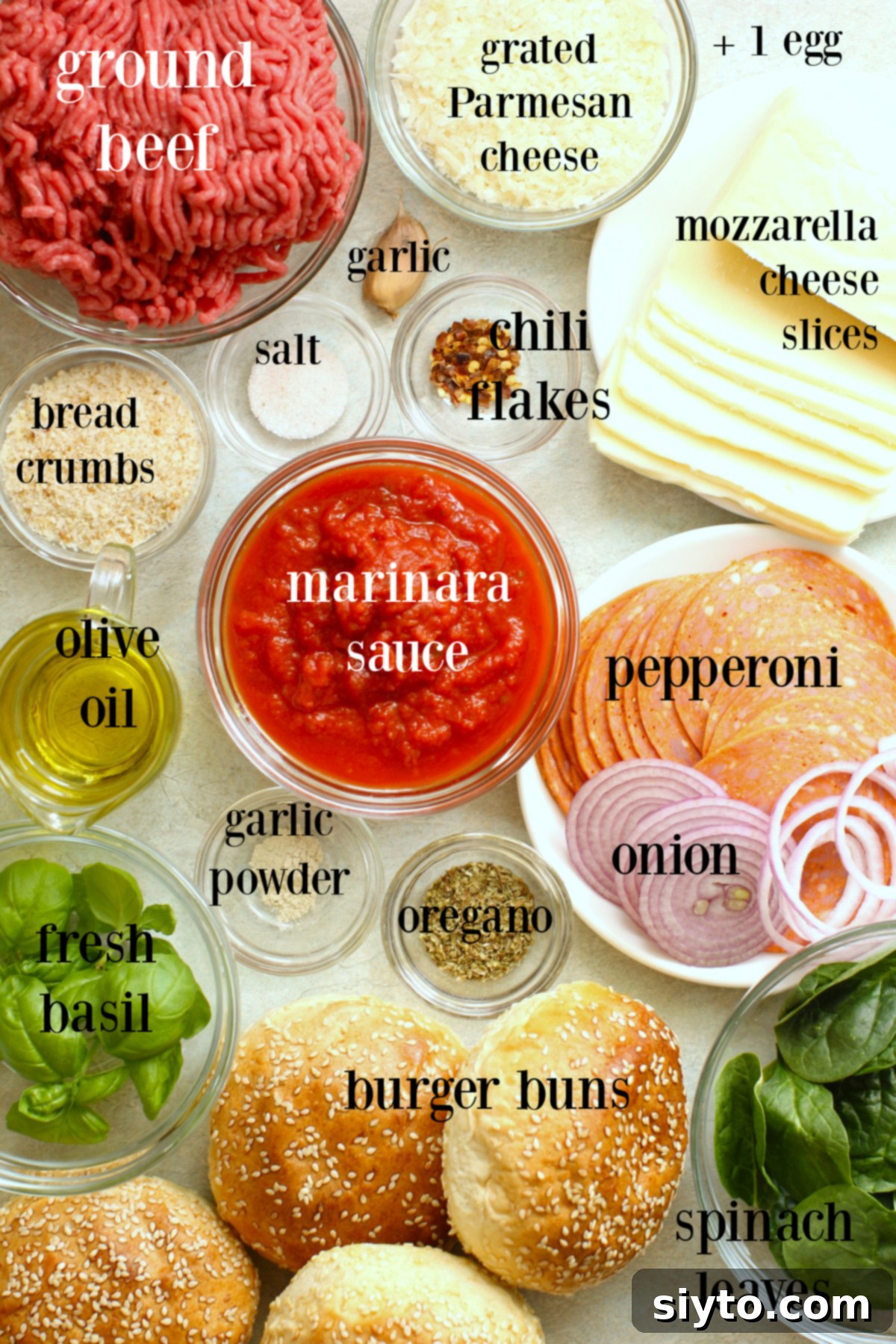 all the ingredients needed for pizza burgers, labeled.