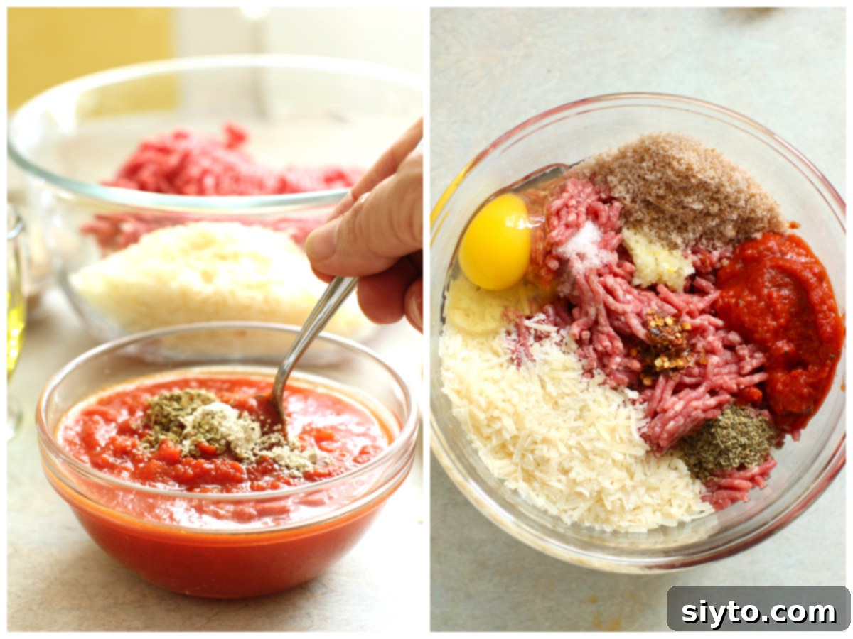 left: stirring together the pizza sauce. right: all the ingredients for the burgers in a bowl, ready to mix.