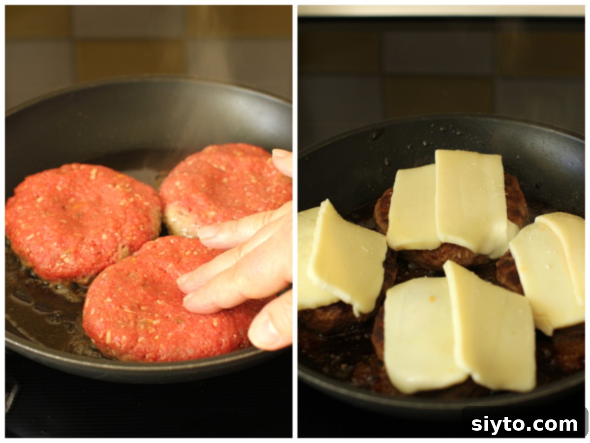 left: pressing an indent into the center of the beef patties in the skillet. right: 2 slices of mozzarella melting on top of each patty in the skillet.