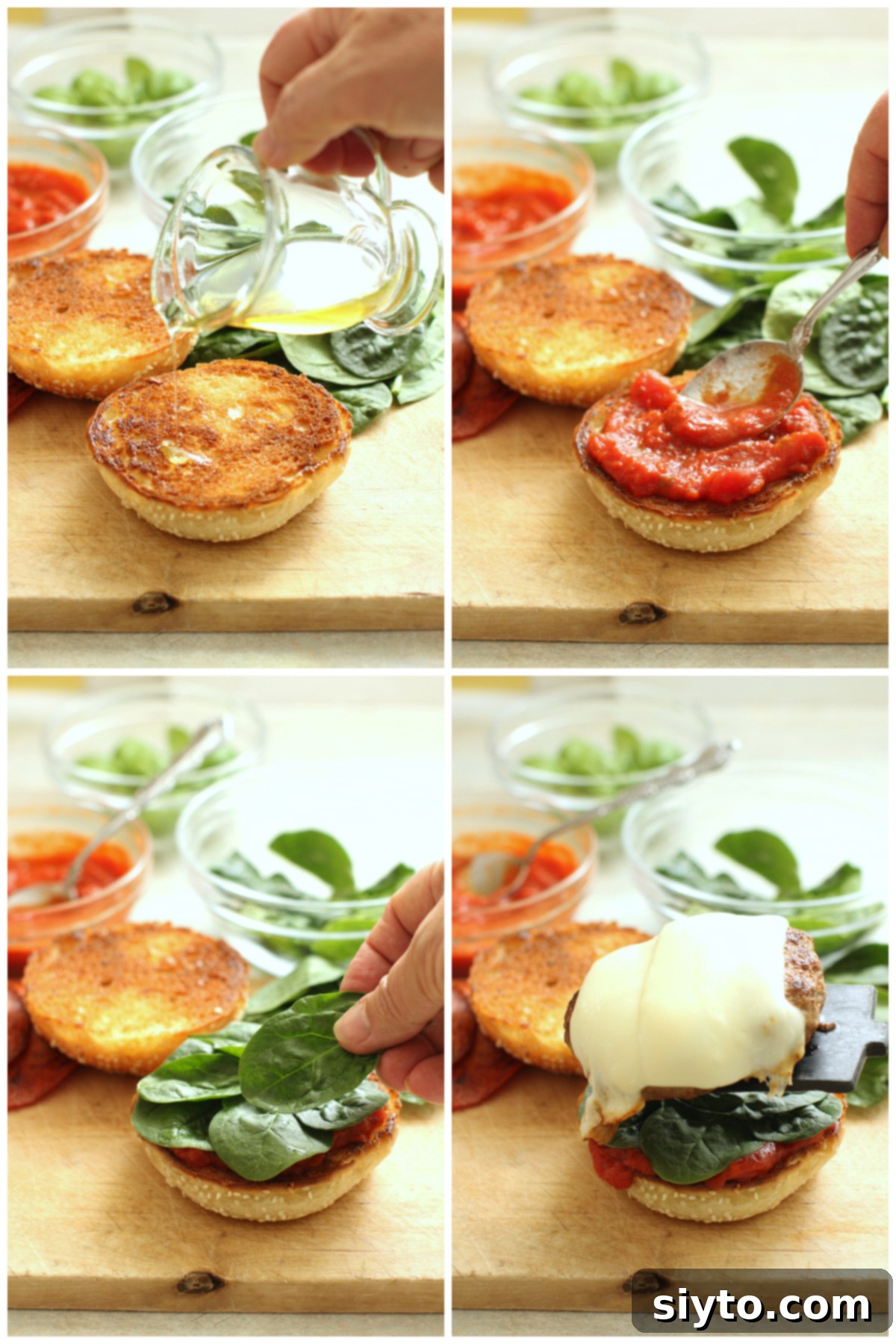 clockwise from top left: drizzling the bun with olive oil, adding pizza sauce, adding spinach leaves, then the burger patty with melted cheese on top.