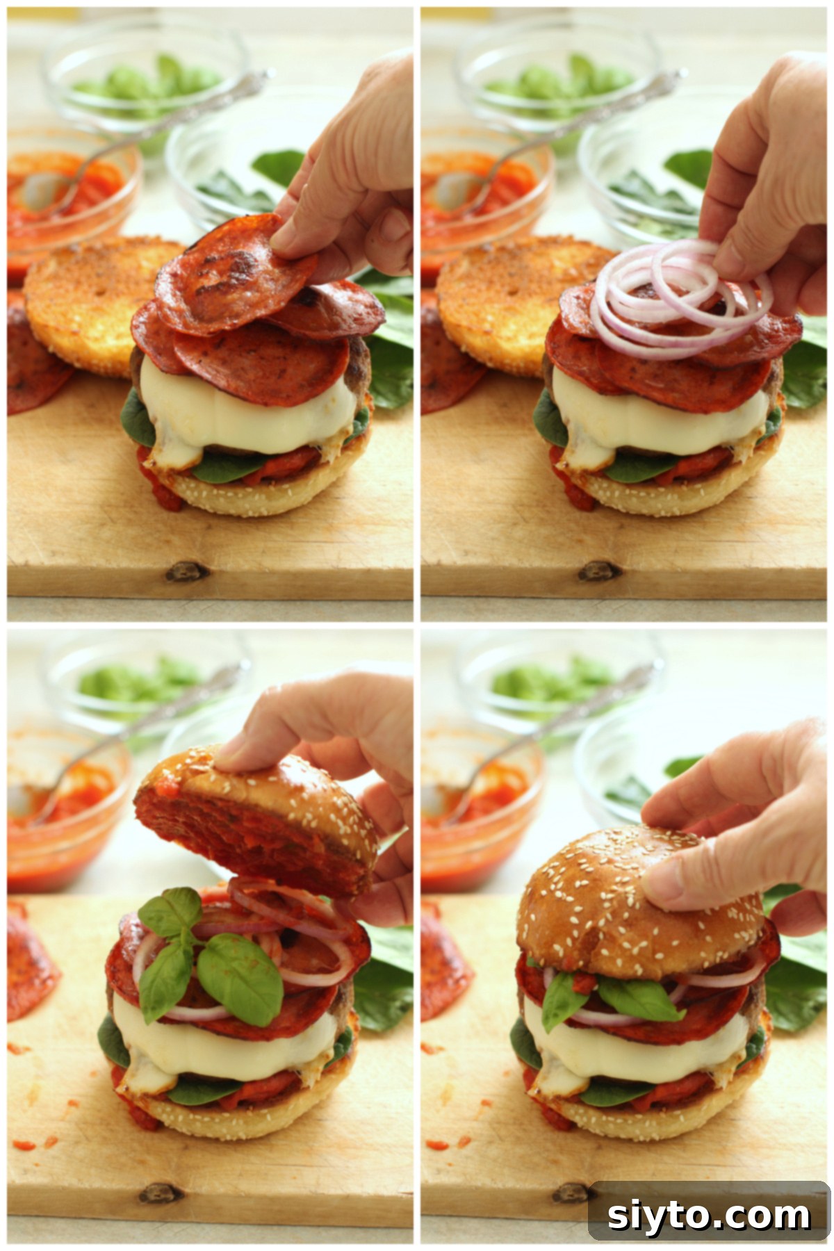 top left: add fried pepperoni slices on top of the burger. top right: adding red onion rings. bottom left: adding a basil spring. bottom right: add the top bun spread with pizza sauce.
