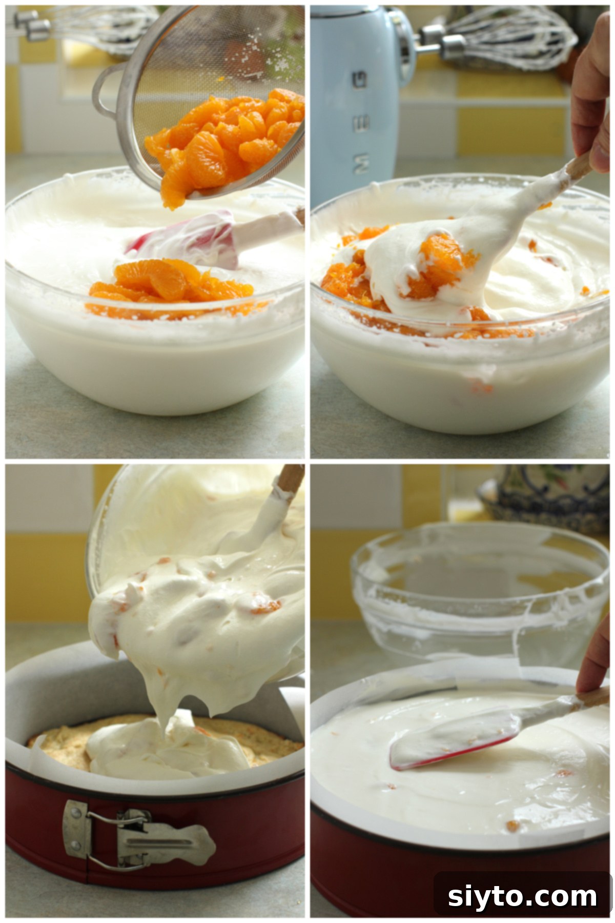 Luscious Mandarin Cream Torte 11 A four-photo collage showcasing the final assembly of the German Mandarin Cream Torte: Top left shows adding mandarin orange segments to the mousse. Top right captures the gentle folding of oranges into the creamy mixture. Bottom left depicts the mousse being poured into the springform pan over the cake base. Bottom right shows the top surface of the torte being smoothed before chilling.