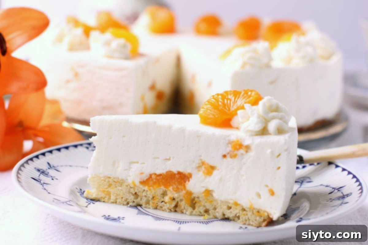 Luscious Mandarin Cream Torte 15 A pristine slice of the German Mandarin Cream Torte (Mandarinen Sahnetorte) rests on a charming blue and white patterned plate, showcasing its beautiful layers and inviting texture. It's perfectly ready for a delightful indulgence.