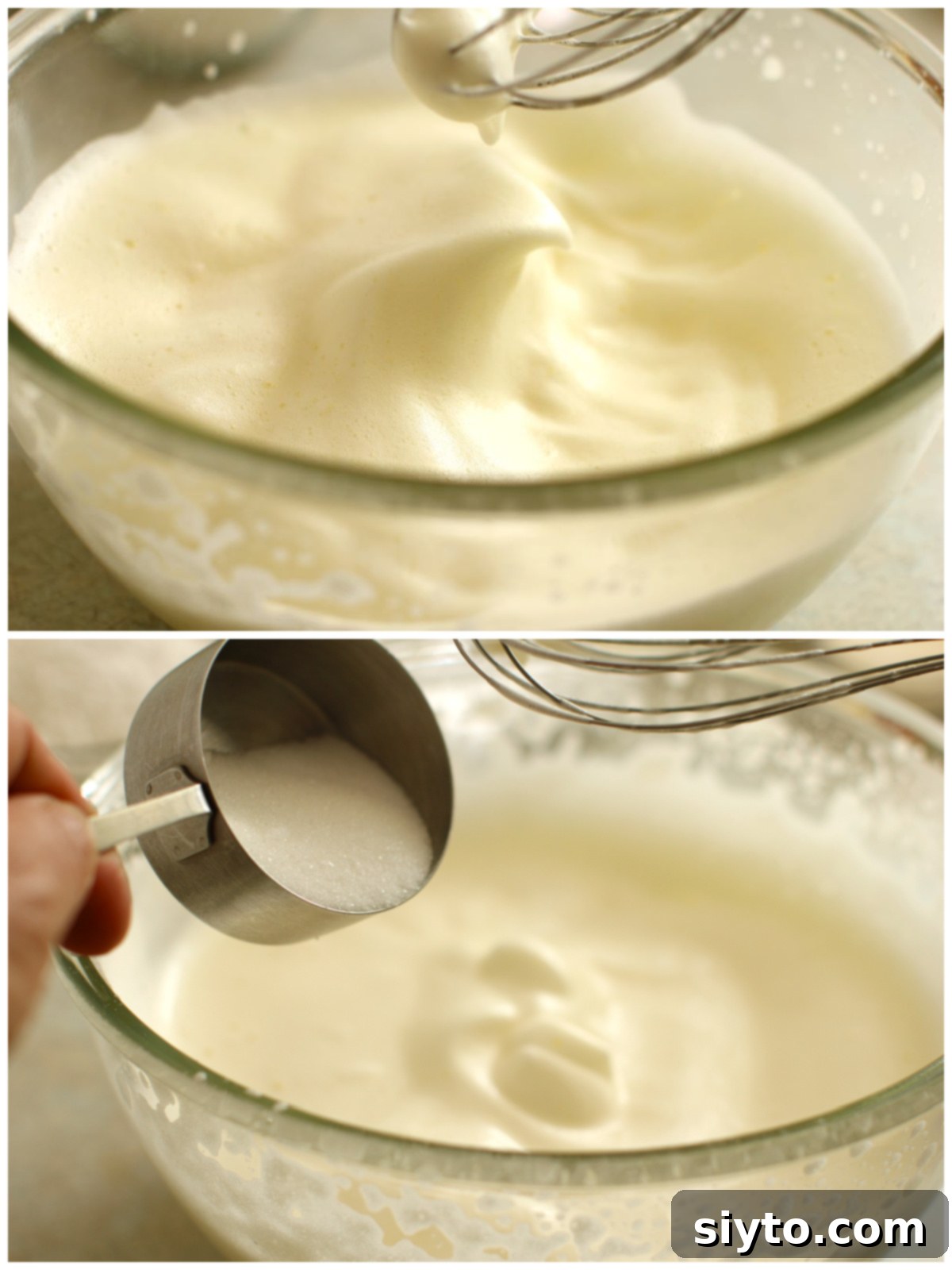 Luscious Mandarin Cream Torte 7 A two-photo collage illustrating the sponge cake preparation: The top image shows an egg and water whipped into a voluminous foam. The bottom image shows sugar being gradually added to the whipped egg mixture, which is thickening and becoming glossy.