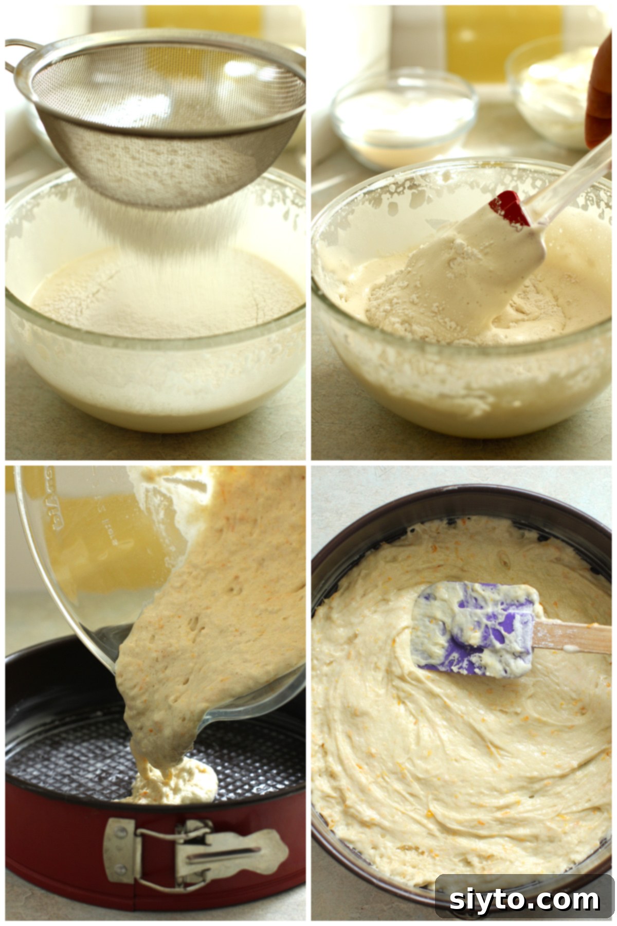 Luscious Mandarin Cream Torte 8 A four-photo collage illustrating the final steps of preparing the sponge cake base: Top left shows flour and baking powder being sifted over the batter. Top right captures the gentle folding of dry ingredients into the wet. Bottom left depicts the batter being poured into a greased springform pan. Bottom right shows the surface of the batter being smoothed before baking.