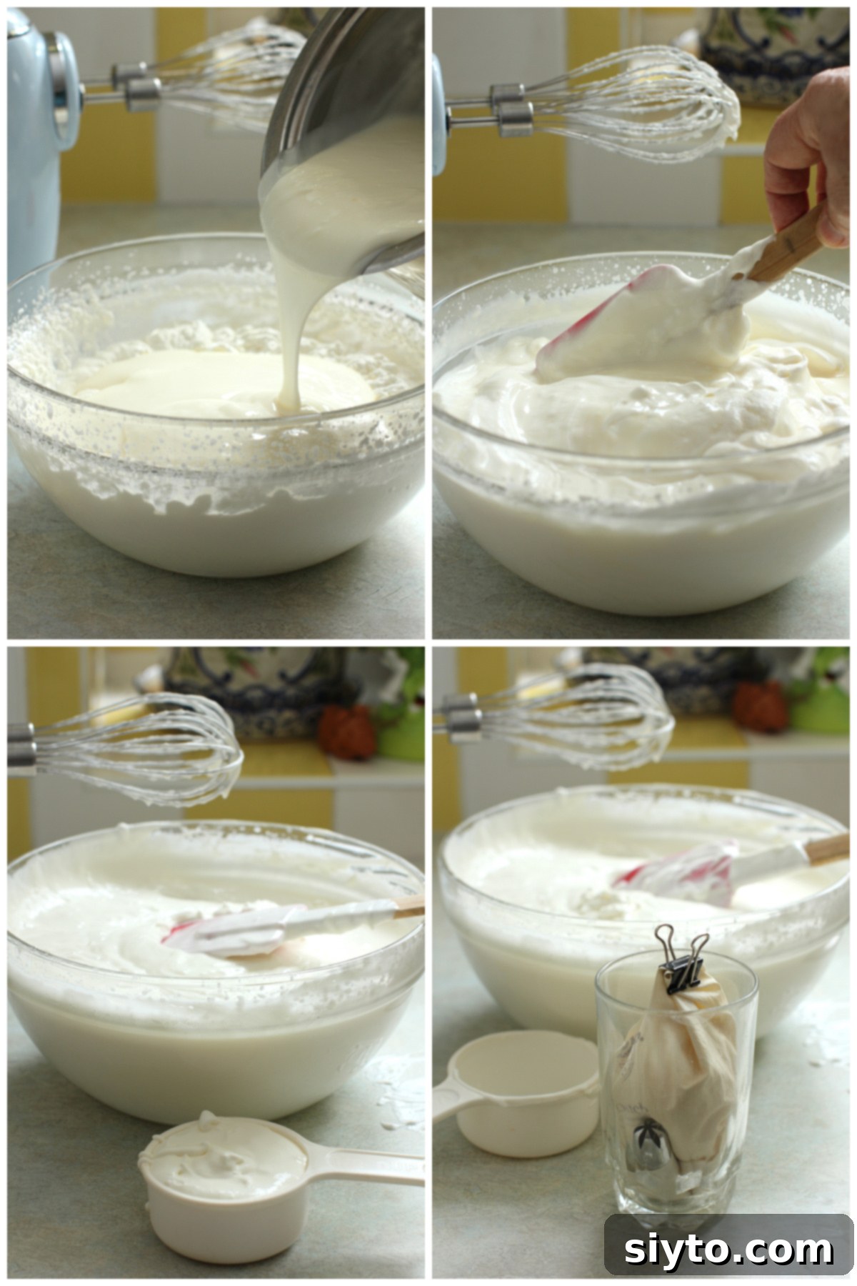 Luscious Mandarin Cream Torte 10 A four-photo collage detailing the mandarin cream filling preparation: Top left shows the gelatin-yogurt mixture being poured over whipped cream. Top right captures the gentle folding process to combine them. Bottom left illustrates a portion of the mousse being scooped out for garnish. Bottom right shows the reserved mousse being placed into a piping bag, ready for refrigeration.