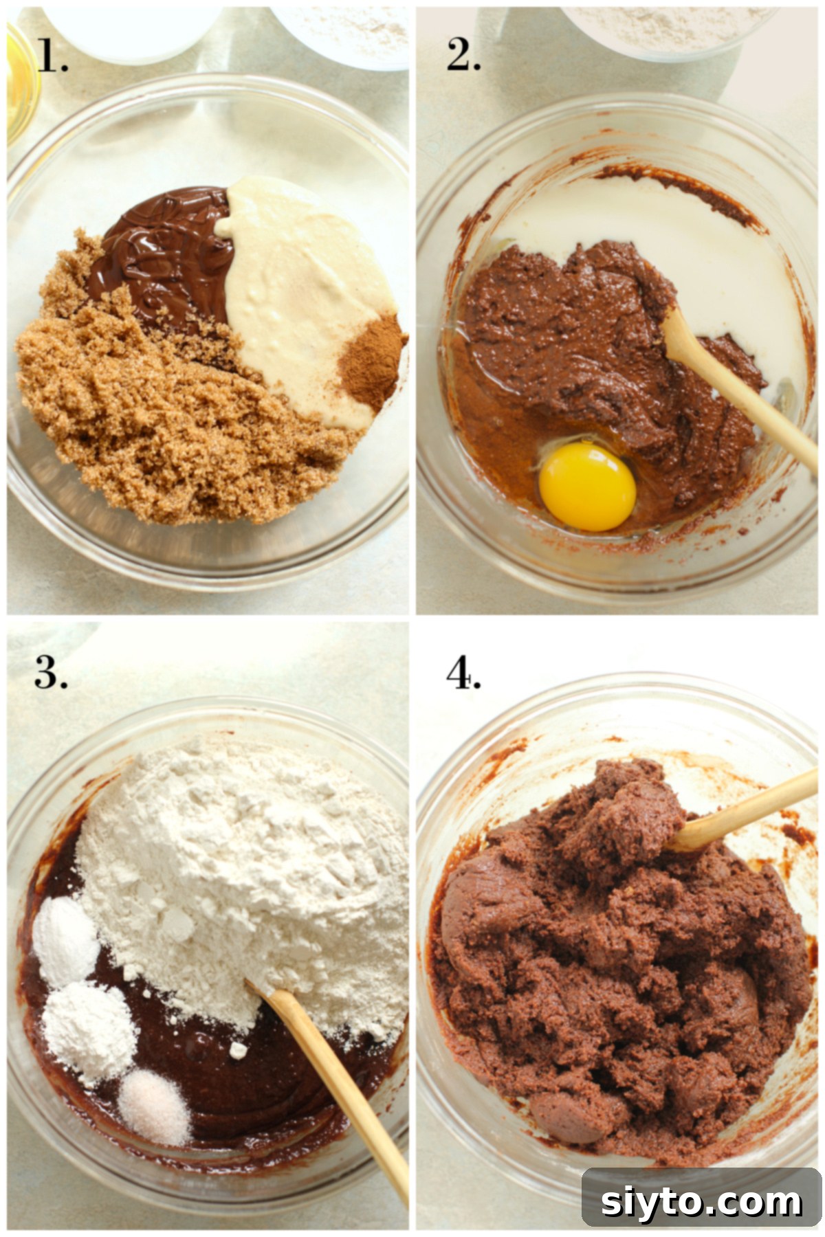 A four-photo collage illustrating the steps of making chocolate tahini cookies: 1. combining ingredients in a bowl, 2. adding egg and milk, 3. incorporating dry ingredients, and 4. stirring to form the soft dough.