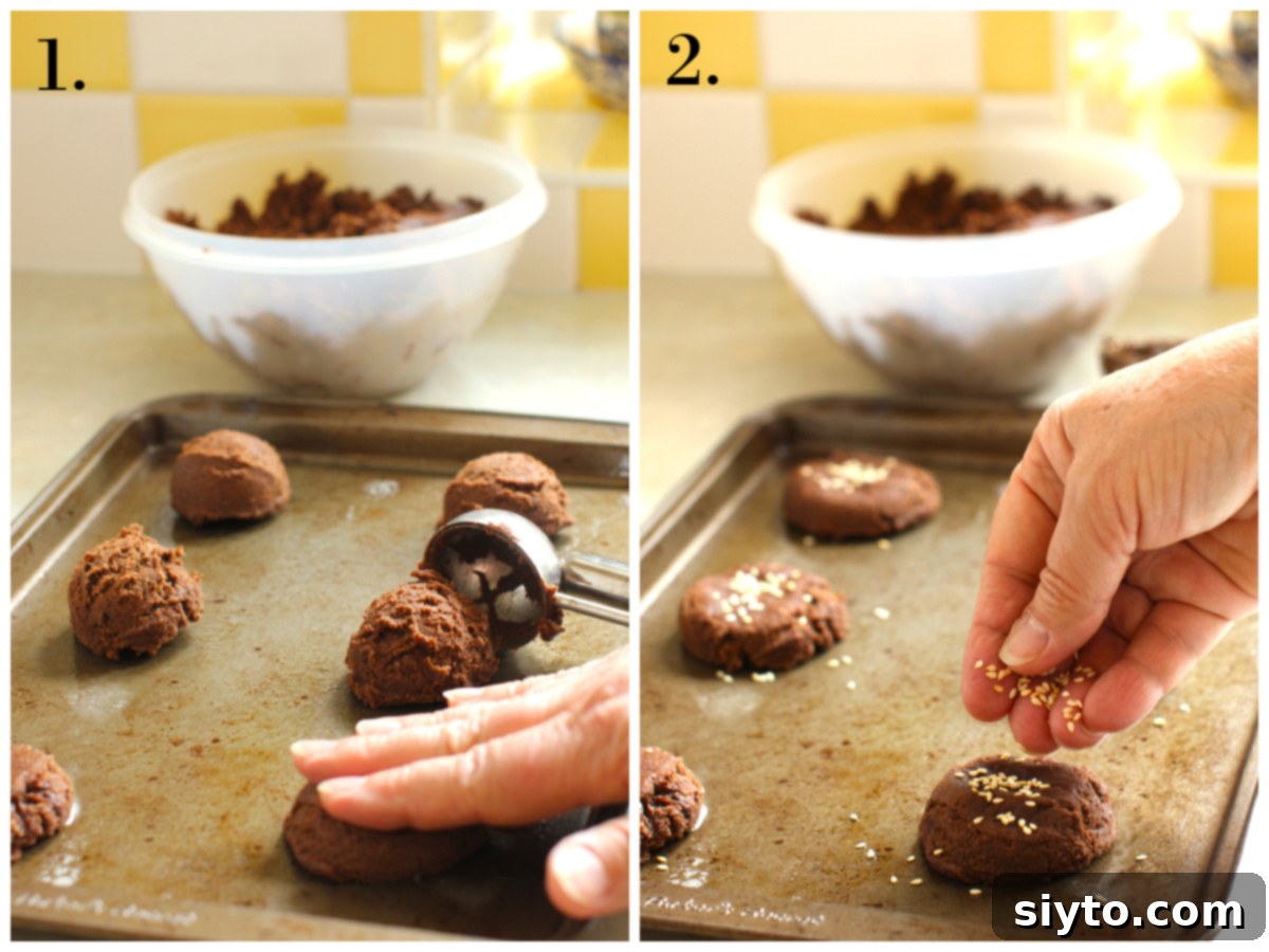 A two-photo collage showing the preparation of chocolate tahini cookies: Left - gently patting down dough balls on a baking sheet. Right - sprinkling sesame seeds over the flattened cookie dough for garnish.