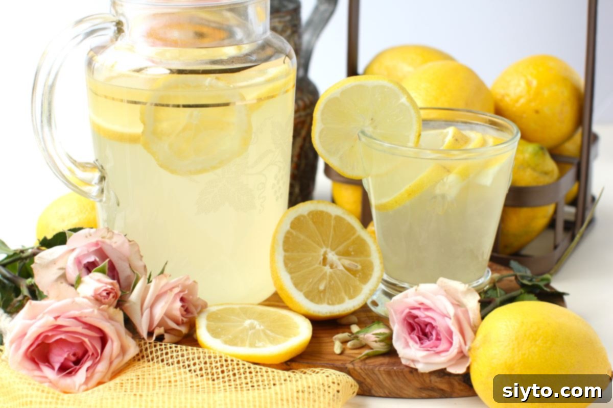A horizontal photo showcasing a pitcher of vibrant Omani rosewater lemonade resting on a rustic cutting board, accompanied by a glass of the lemonade adorned with lemon slices and delicate pink roses casually strewn beside it.