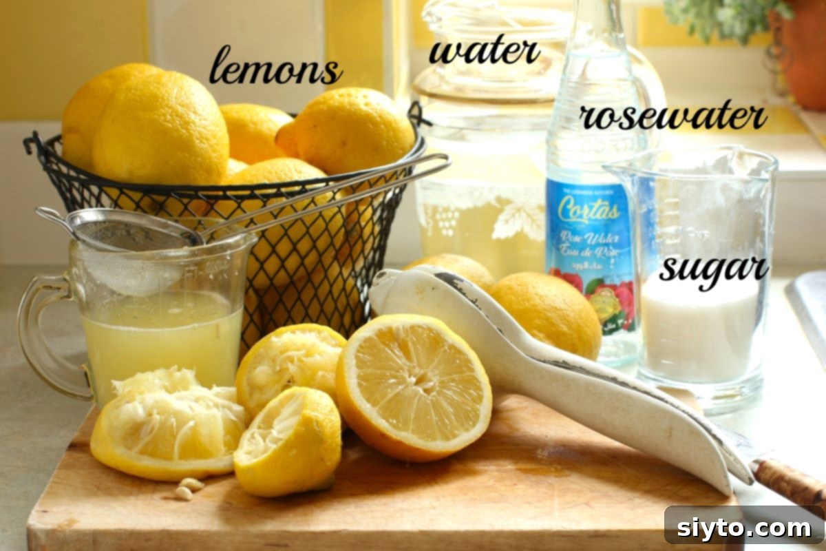 A collection of ingredients neatly arranged for making Omani rosewater lemonade, clearly labeled for easy identification.