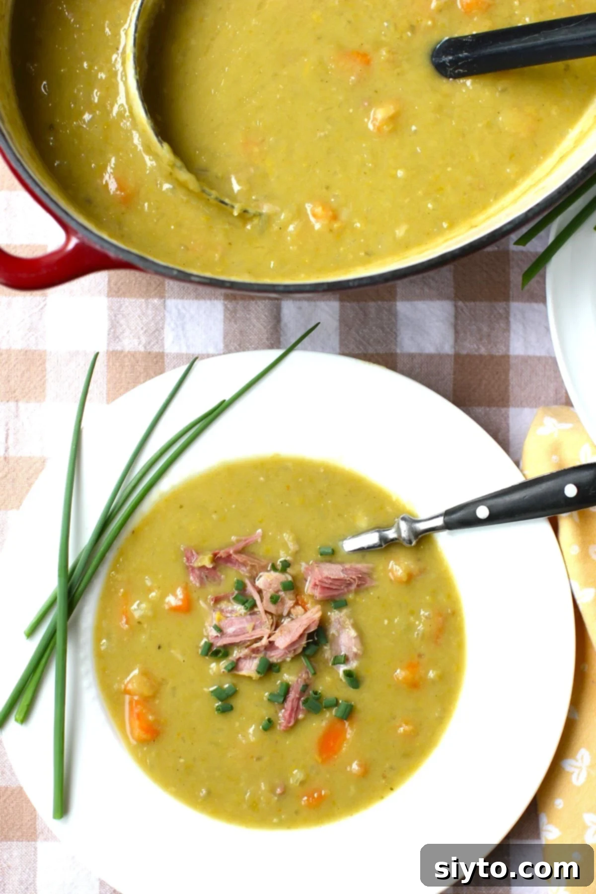 Perfectly Simple Split Pea Soup 2 top-down view of a white rimmed bowl of pea soup with chives on the plate's rim, soup pot behind.