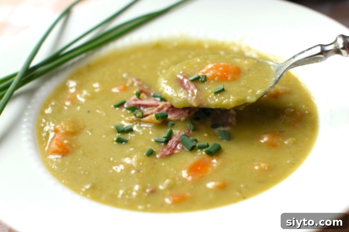 Perfectly Simple Split Pea Soup 11 A spoonful of soup being lifted above the bowl.