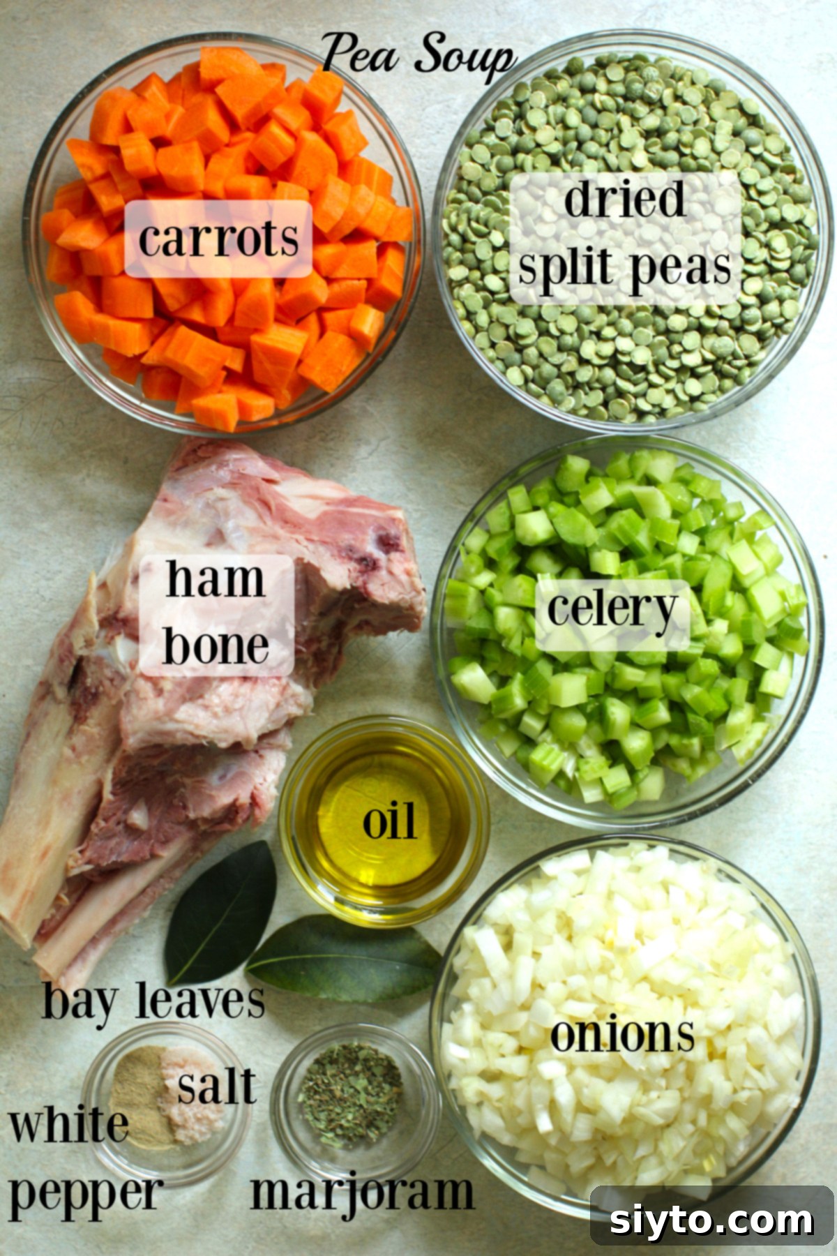 Perfectly Simple Split Pea Soup 3 ingredients, labeled for split pea soup.
