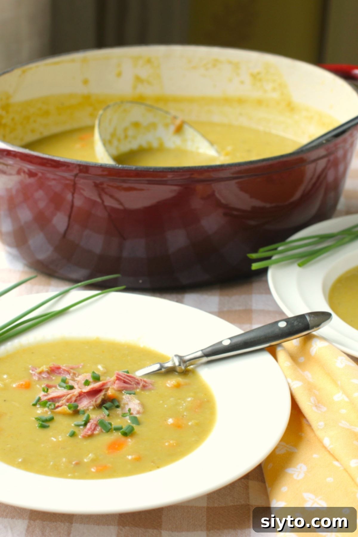 Perfectly Simple Split Pea Soup 5 Pea soup in bowl with pot behind.