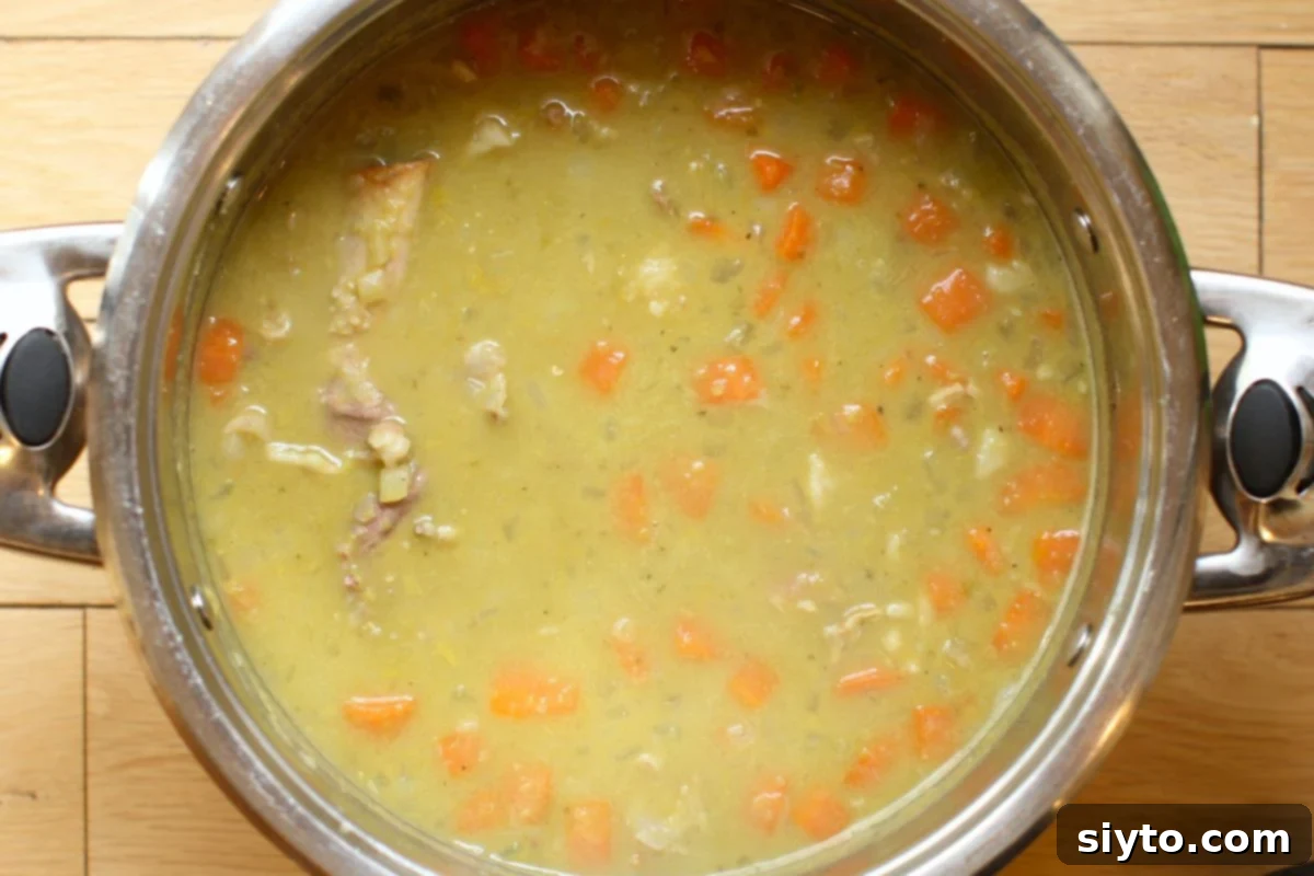 Perfectly Simple Split Pea Soup 7 looking into the pot of soup.