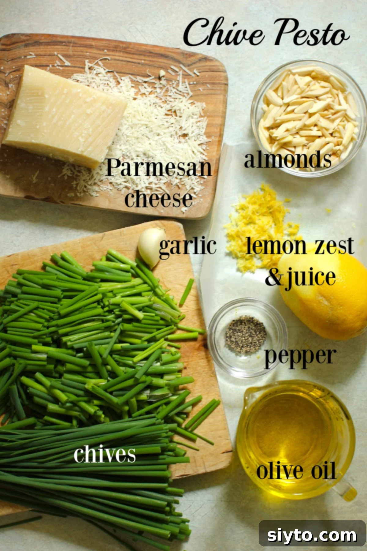 Chive Pesto: A Spring Garden Delight 11 All the essential ingredients for chive pesto laid out and clearly labeled on a surface, including fresh chives, Parmesan cheese, slivered almonds, garlic, lemon, olive oil, and pepper.