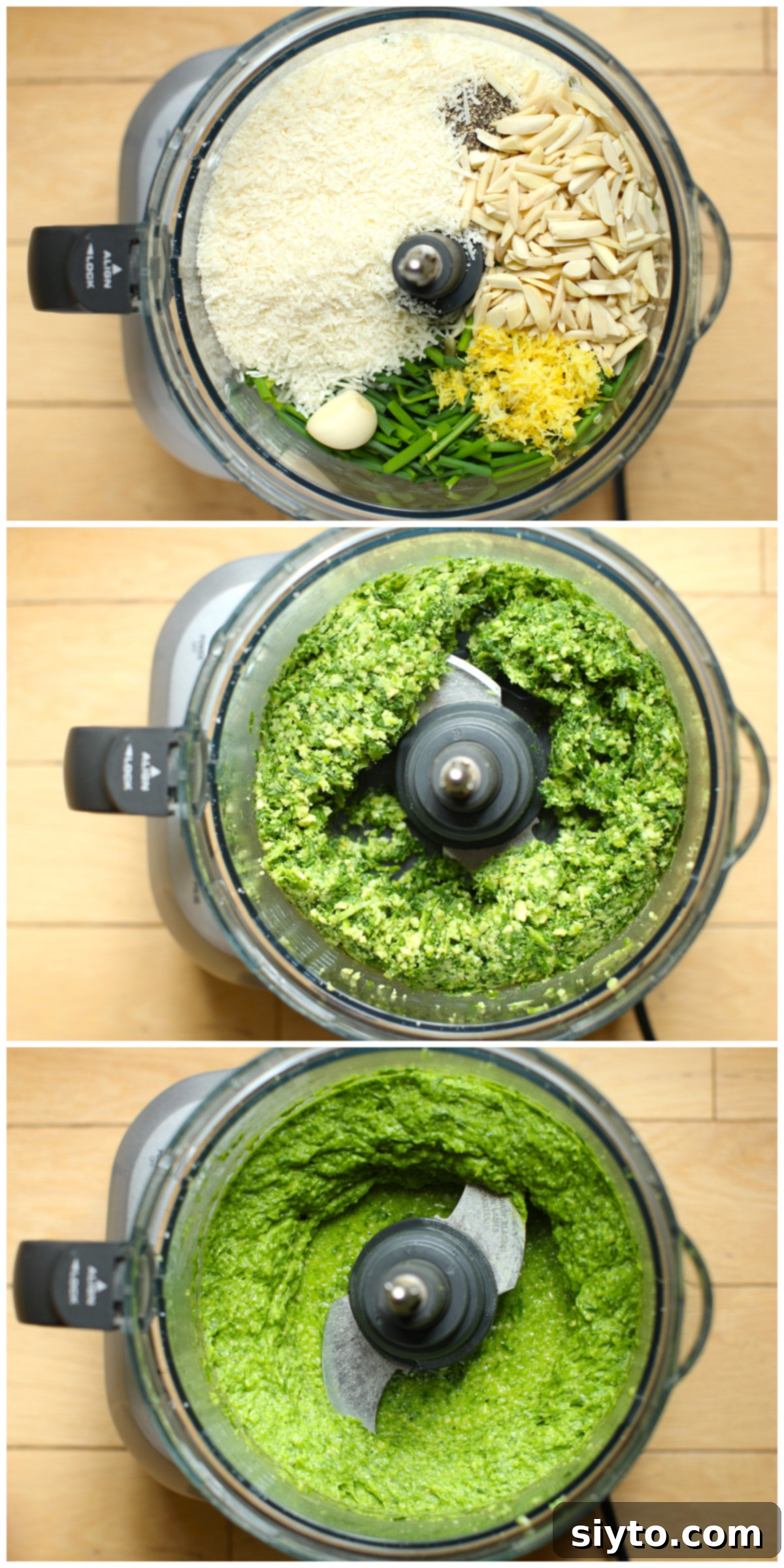 Chive Pesto: A Spring Garden Delight 12 A three-photo collage illustrating the step-by-step process of making chive pesto in a food processor. The top photo shows ingredients in the bowl, the middle shows them being chopped, and the bottom shows olive oil being drizzled in to form a smooth paste.