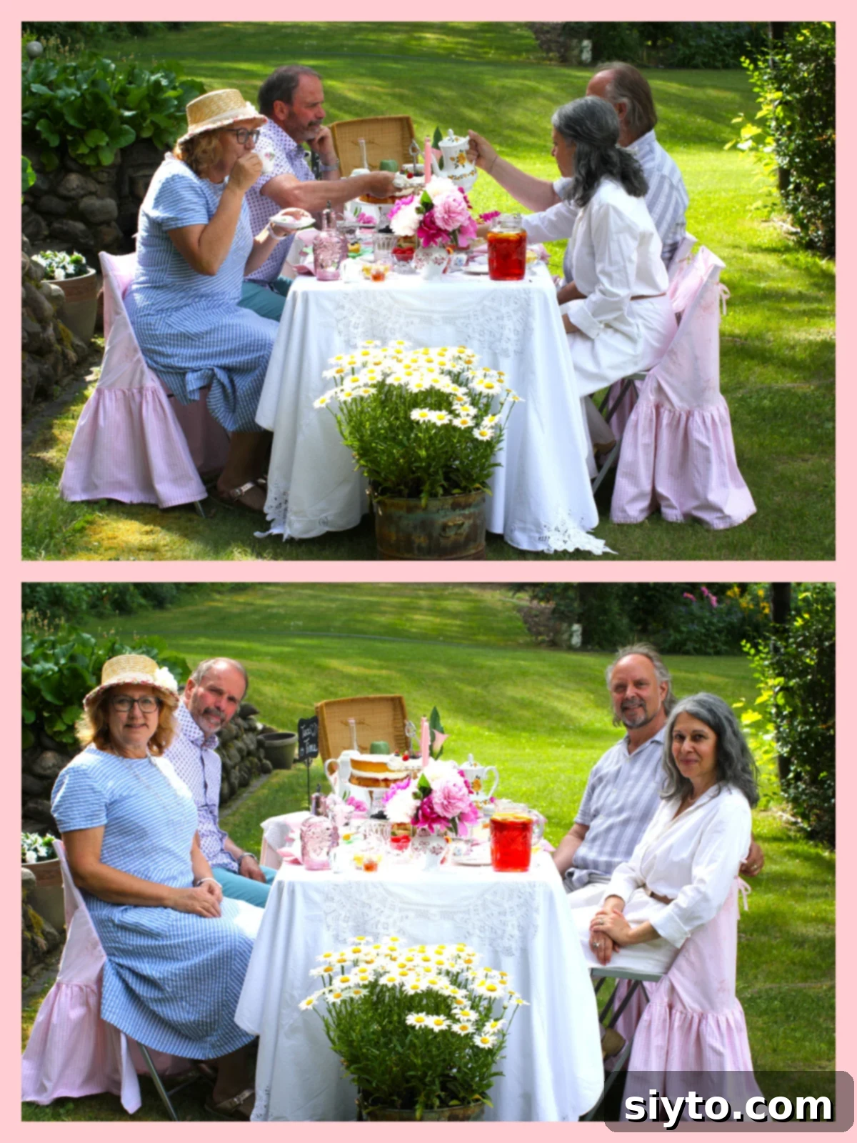 Two joyful photos of us enjoying our afternoon tea outdoors, amidst laughter and good conversation.