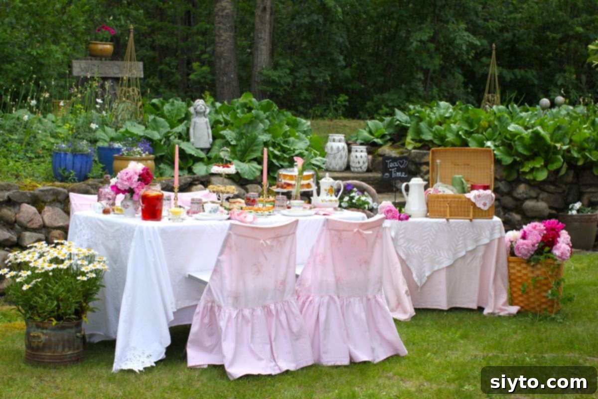 A charming outdoor table setting for an afternoon tea picnic, adorned with pink accents. A three-tiered stand overflows with treats, and a Gluten-Free Victoria Sponge Cake proudly sits on a cake stand, all set against a rock wall.