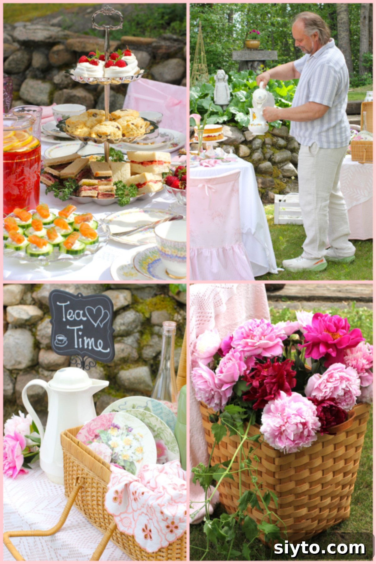 A four-photo collage capturing the essence of an afternoon tea picnic: a tiered stand with goodies, a friend pouring tea, a side table with a picnic basket, and a basket brimming with garden peonies.