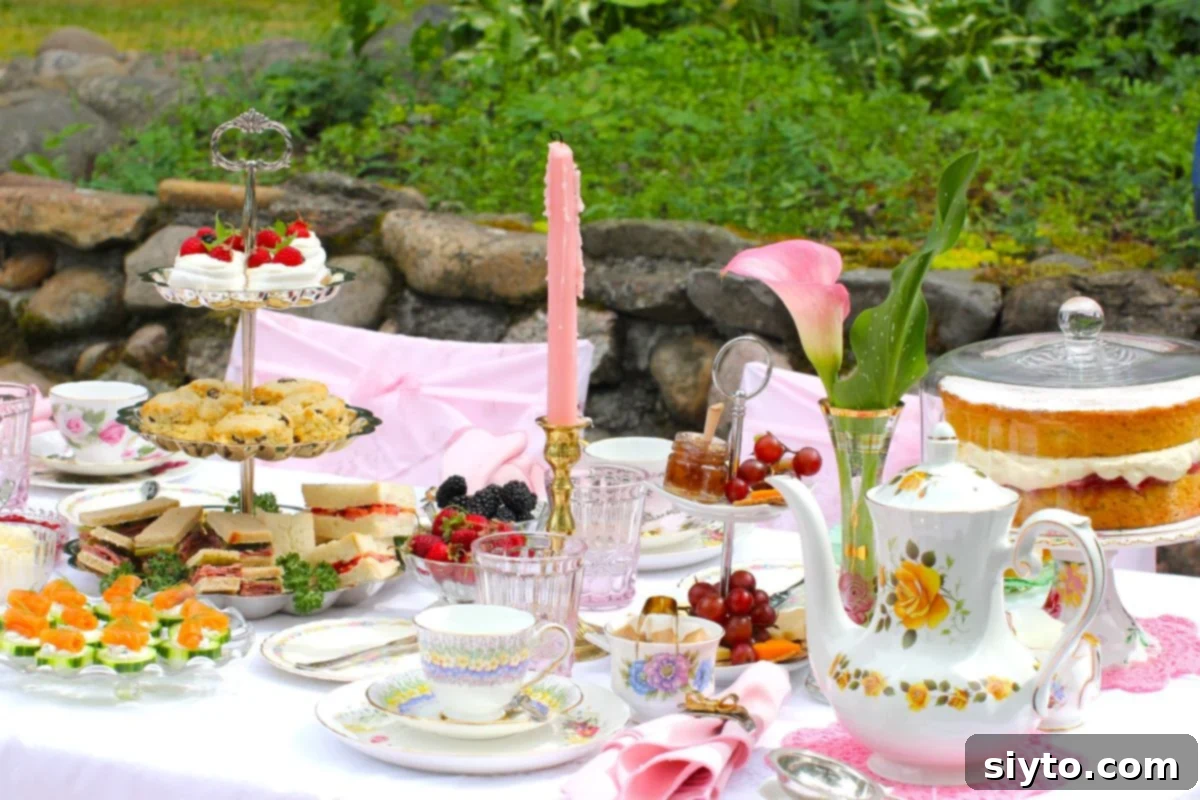 An inviting outdoor afternoon tea table, with a three-tiered cake stand on the left and the stunning Gluten-Free Victoria Sponge Cake on the right, surrounded by charming decor.