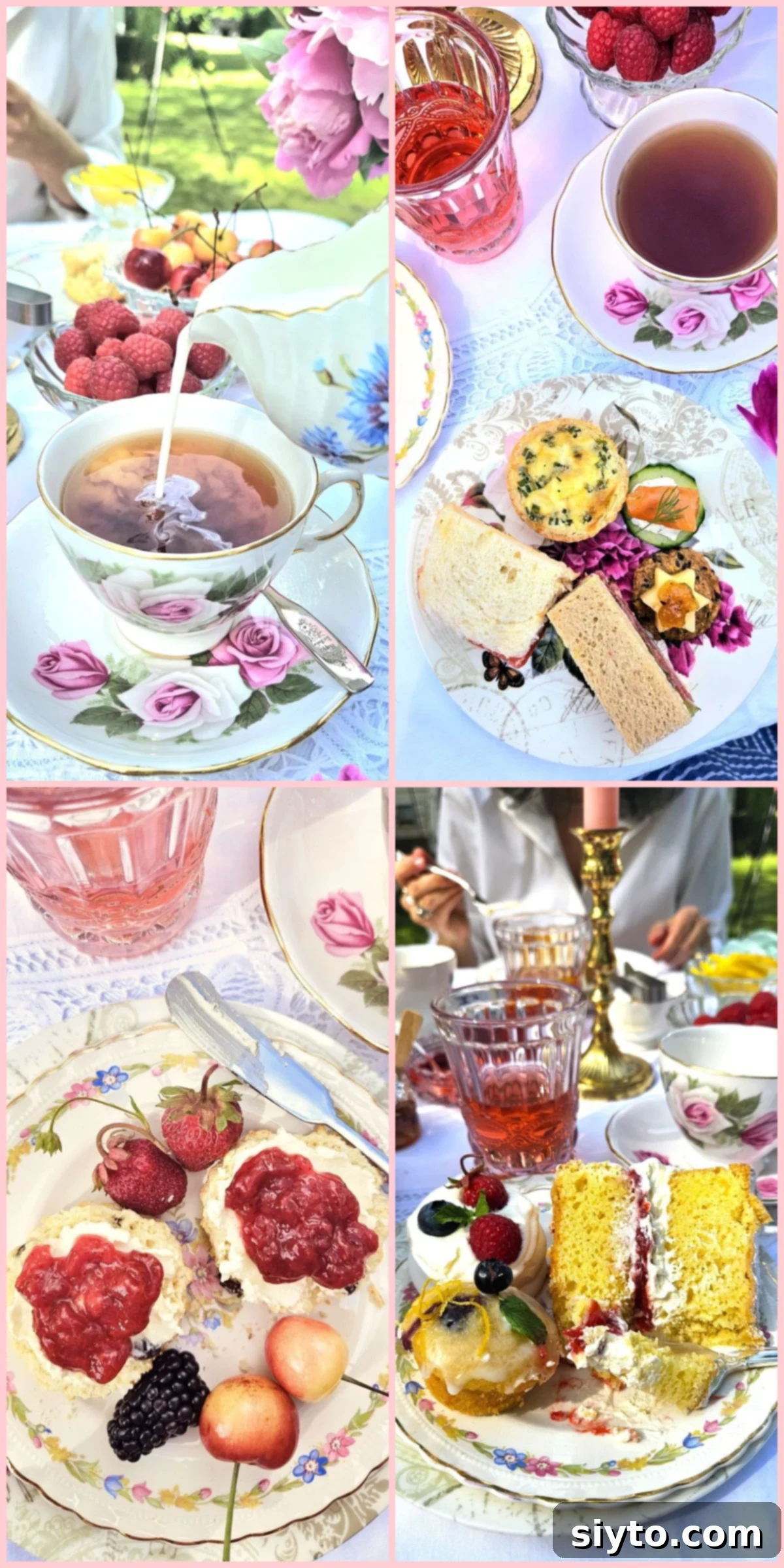 A four-photo collage showcasing the delicious courses of an Afternoon Tea: pouring milk into Earl Grey, a plate of savory finger sandwiches, scones with jam and clotted cream, and a selection of delicate desserts.