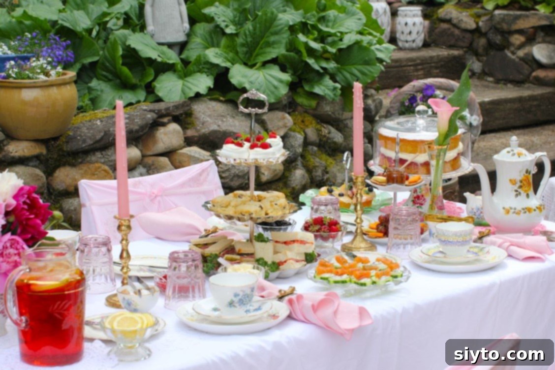 A serene close-up of a meticulously set outdoor table for Afternoon Tea, highlighting delicate china, fresh flowers, and an array of enticing treats.