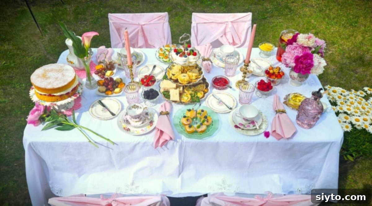 A beautiful overhead shot of an Afternoon Tea table setting, adorned with delicate china, fresh flowers, and an array of delicious treats, inviting guests to partake.