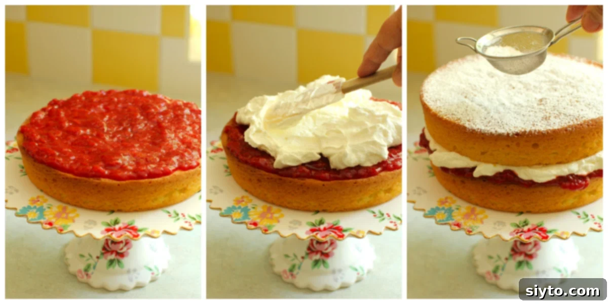 A three-photo collage demonstrating the assembly of a Victoria Sponge cake: spreading jam, adding whipped cream, and finally topping with the second cake layer dusted with icing sugar.