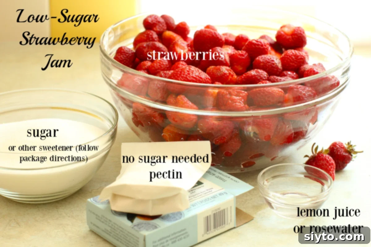 Reduced Sugar Strawberry Jam 5 Ingredients for low sugar strawberry jam, labeled.