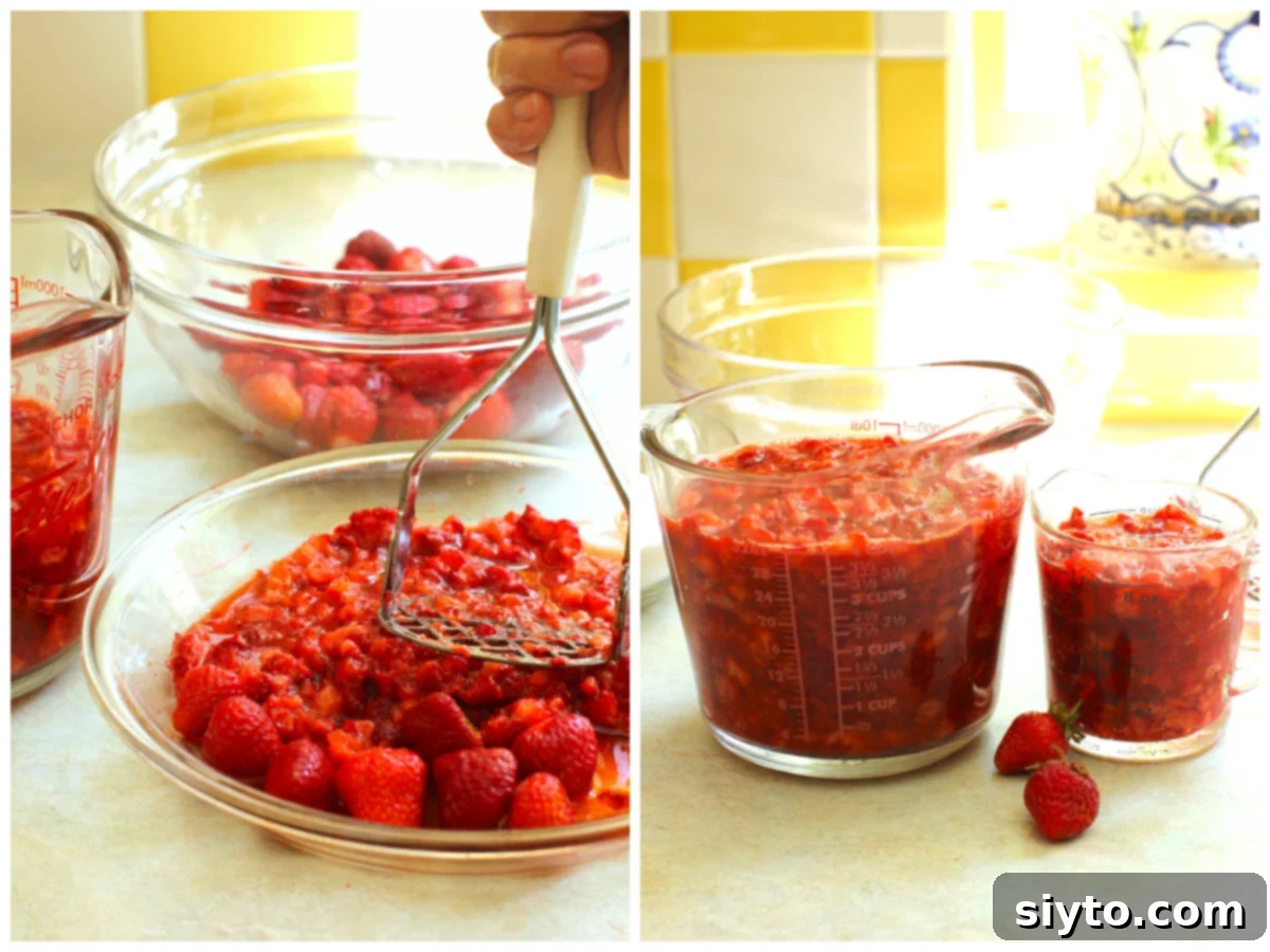 Reduced Sugar Strawberry Jam 6 2 photo collage, mashing strawberries, and then put into measuring cups.