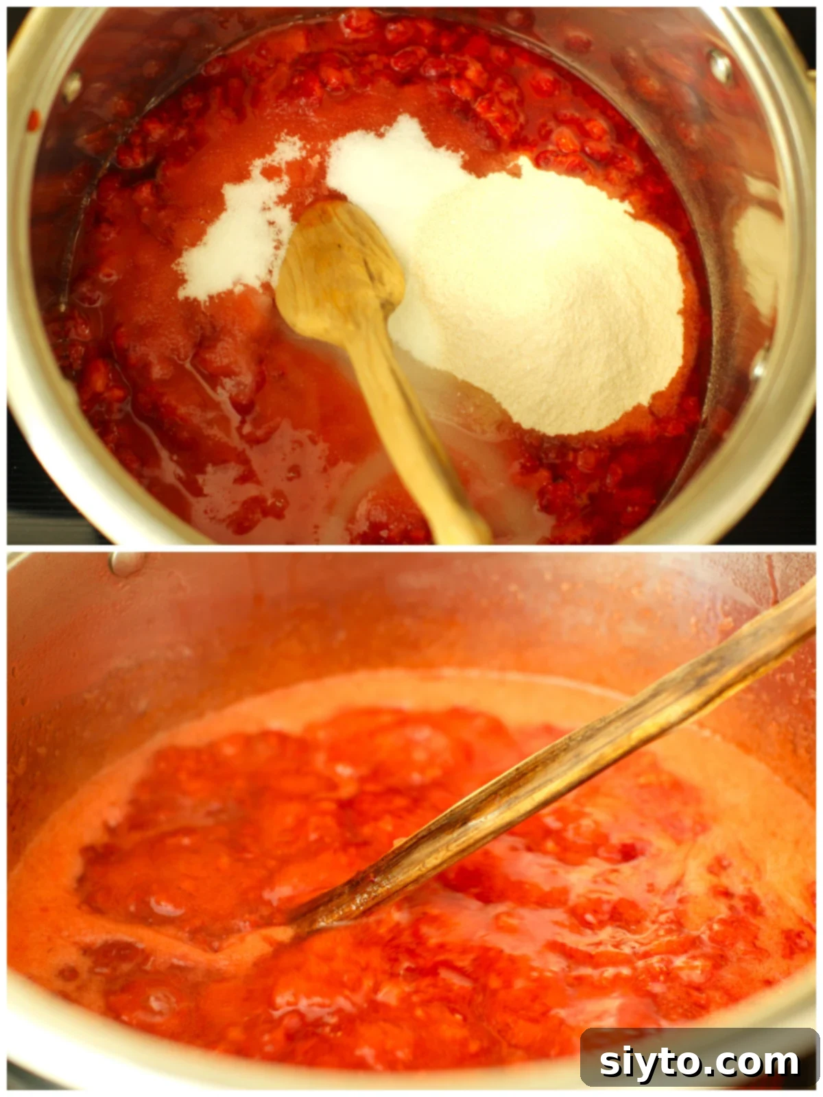 Reduced Sugar Strawberry Jam 7 2 photo collage, adding the ingredients to the pot, then stirring them at a rolling boil.