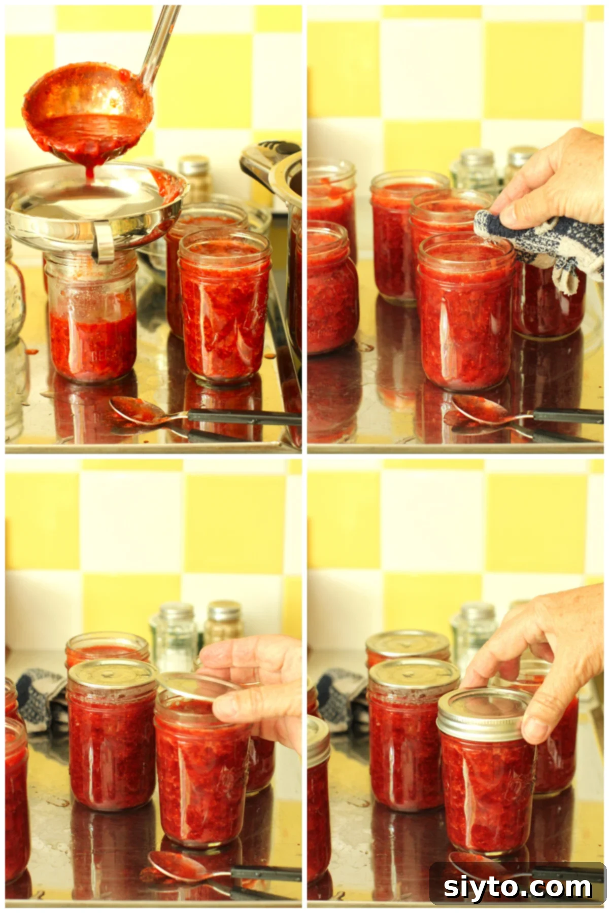 Reduced Sugar Strawberry Jam 8 4 photo collage of filling the canning jars with the jam.