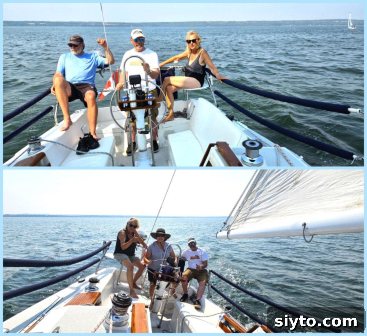 A two-photo collage capturing different people taking turns at the tiller of a sailboat: top shows Ian and Sabina relaxing while Raymond steers; bottom shows Sabina and Raymond observing as the author takes her turn at the tiller.