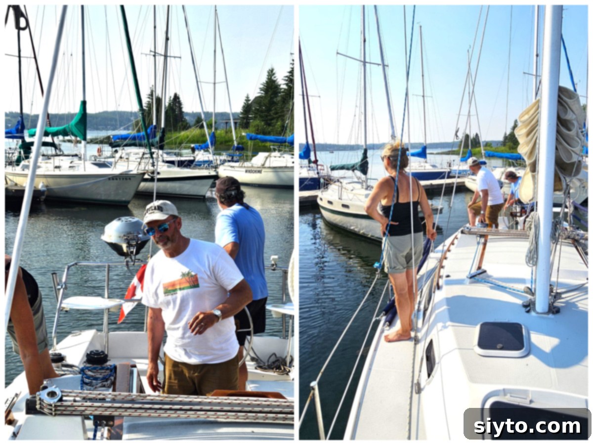 A two-photo collage depicting the process of returning to the marina and docking a sailboat, showcasing the skillful maneuvers required.