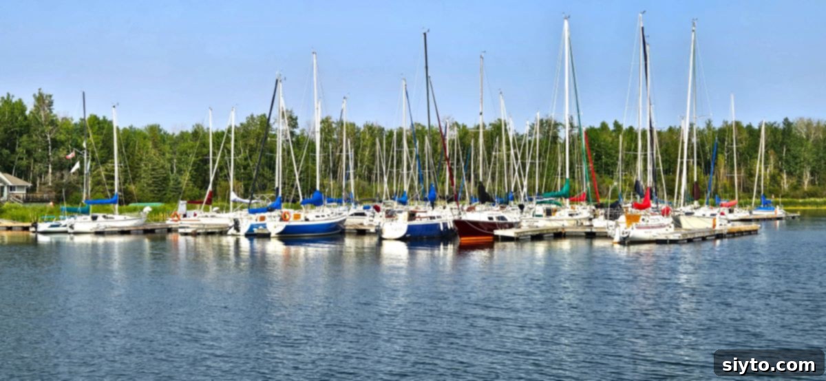A serene view of sailboats docked at Sunshine Bay, bathed in warm sunlight, reflecting peacefully on the water.