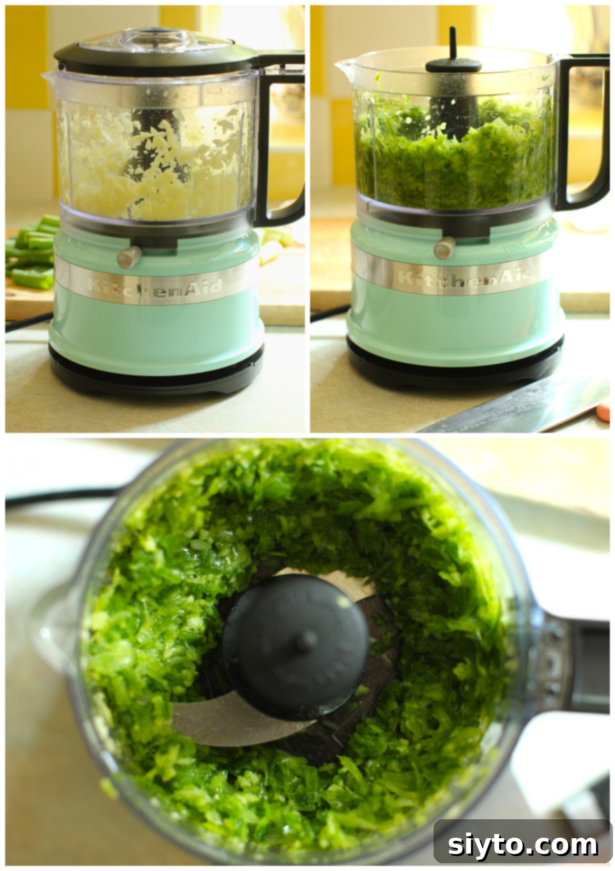 A three-photo collage showing the process of chopping ingredients for ginger scallion sauce: top left, whizzing ginger alone; top right, adding green onions and whizzing; bottom, the final evenly chopped mixture in the food processor.