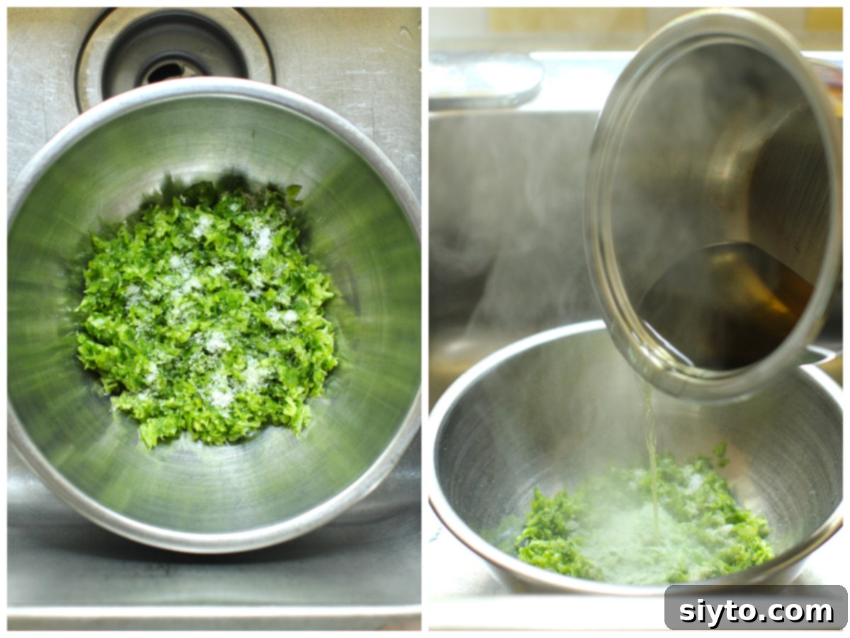 A two-photo collage demonstrating the hot oil pour for ginger scallion sauce: left, a bowl of chopped scallions and ginger with salt placed in a kitchen sink for safety; right, hot oil being carefully poured over the ingredients, creating a sizzle.