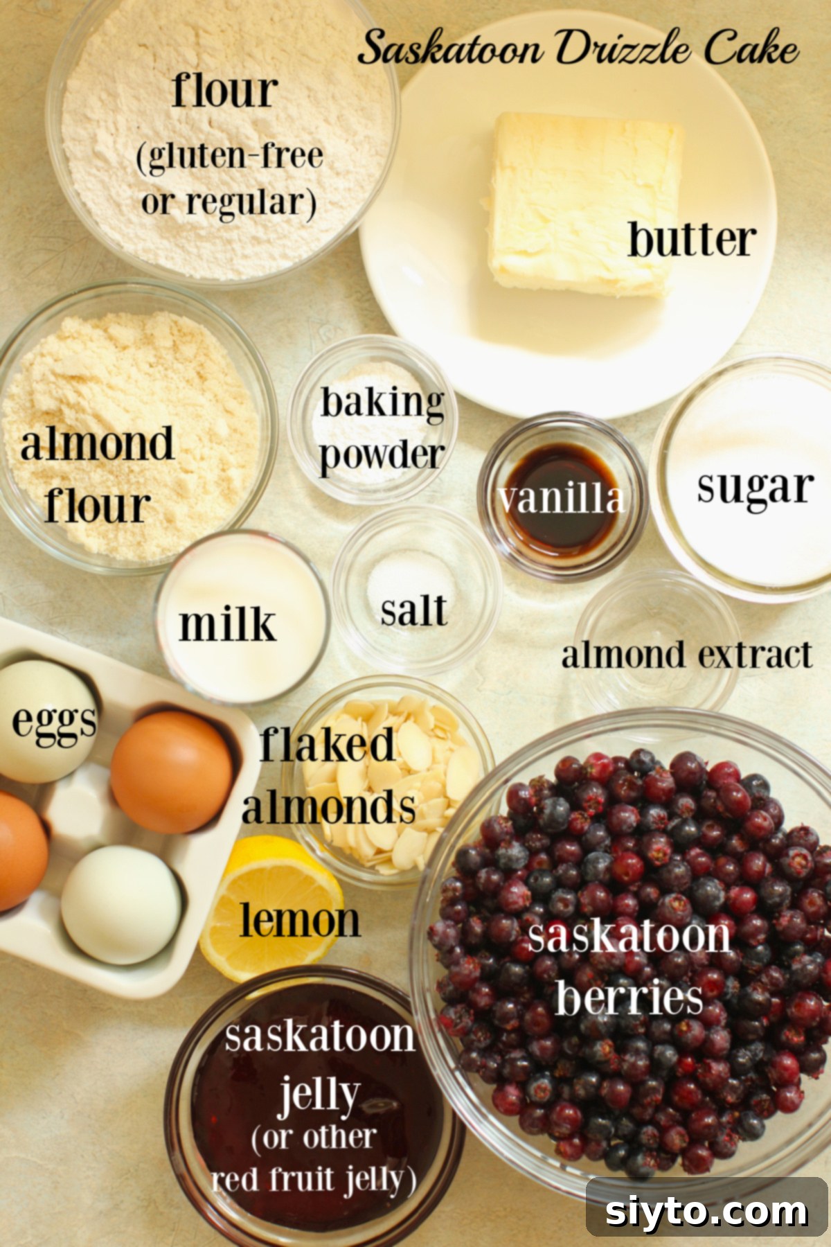 Saskatoon Berry Drizzle Cake 7 All the essential ingredients for making Saskatoon Drizzle Cake laid out neatly on a rustic wooden surface, clearly labeled for easy identification. Key items include butter, flours, sugar, eggs, milk, saskatoon berries, sliced almonds, and a jar of saskatoon jelly.