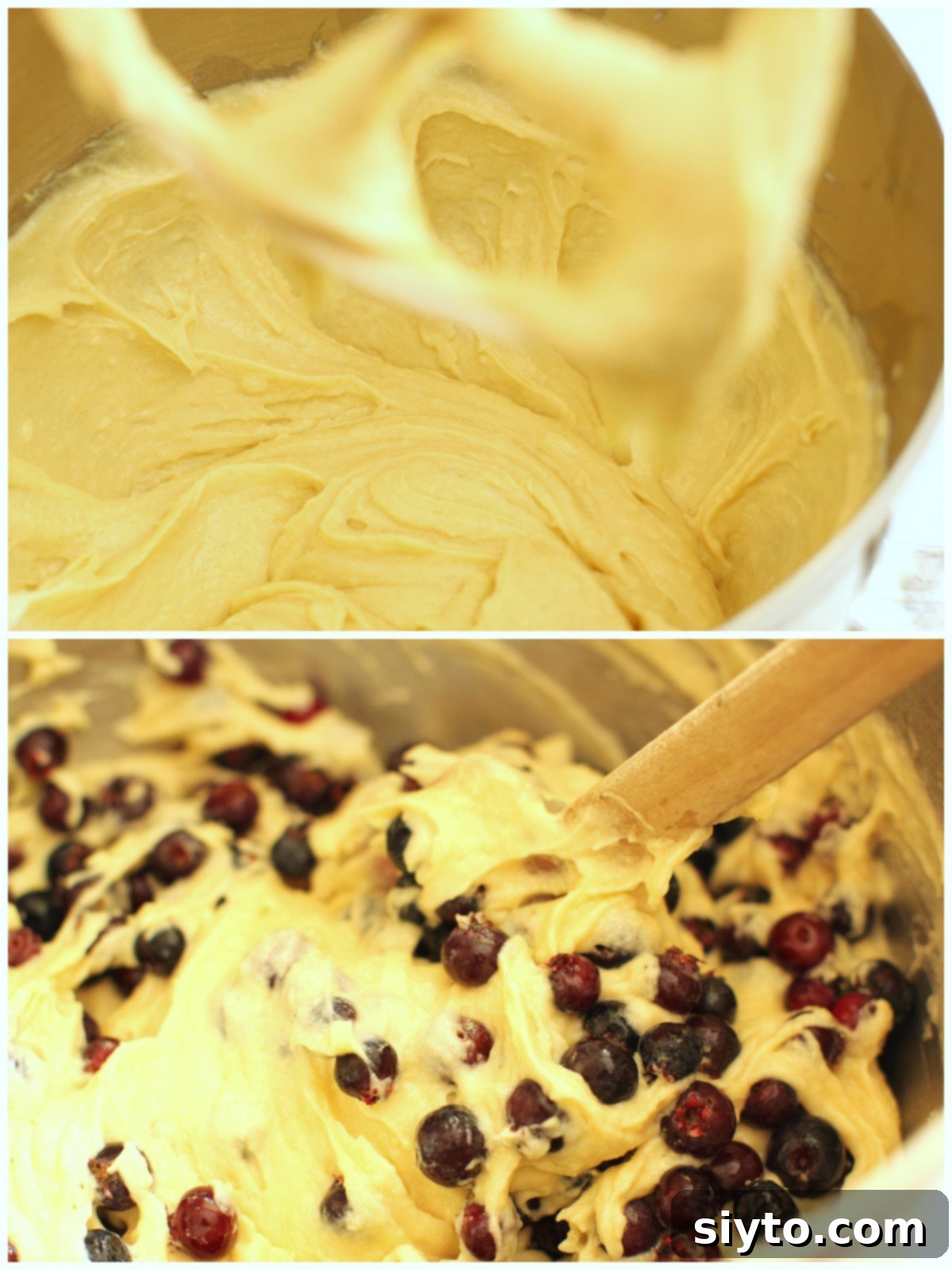 Saskatoon Berry Drizzle Cake 8 A two-photo collage illustrating the easy process of making saskatoon cake batter. The top image shows the smooth cake batter mixed in a stand mixer bowl. The bottom image captures the moment fresh saskatoon berries are being gently folded into the batter with a spatula, ensuring even distribution.