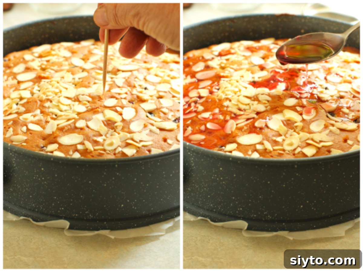 Saskatoon Berry Drizzle Cake 10 A two-photo collage showing the drizzling process for the Saskatoon Drizzle Cake. The left image shows a skewer being used to poke numerous holes across the top of the warm, freshly baked cake. The right image depicts a spoon carefully drizzling a shimmering red saskatoon jelly glaze over the top of the cake, which will seep into the poked holes.