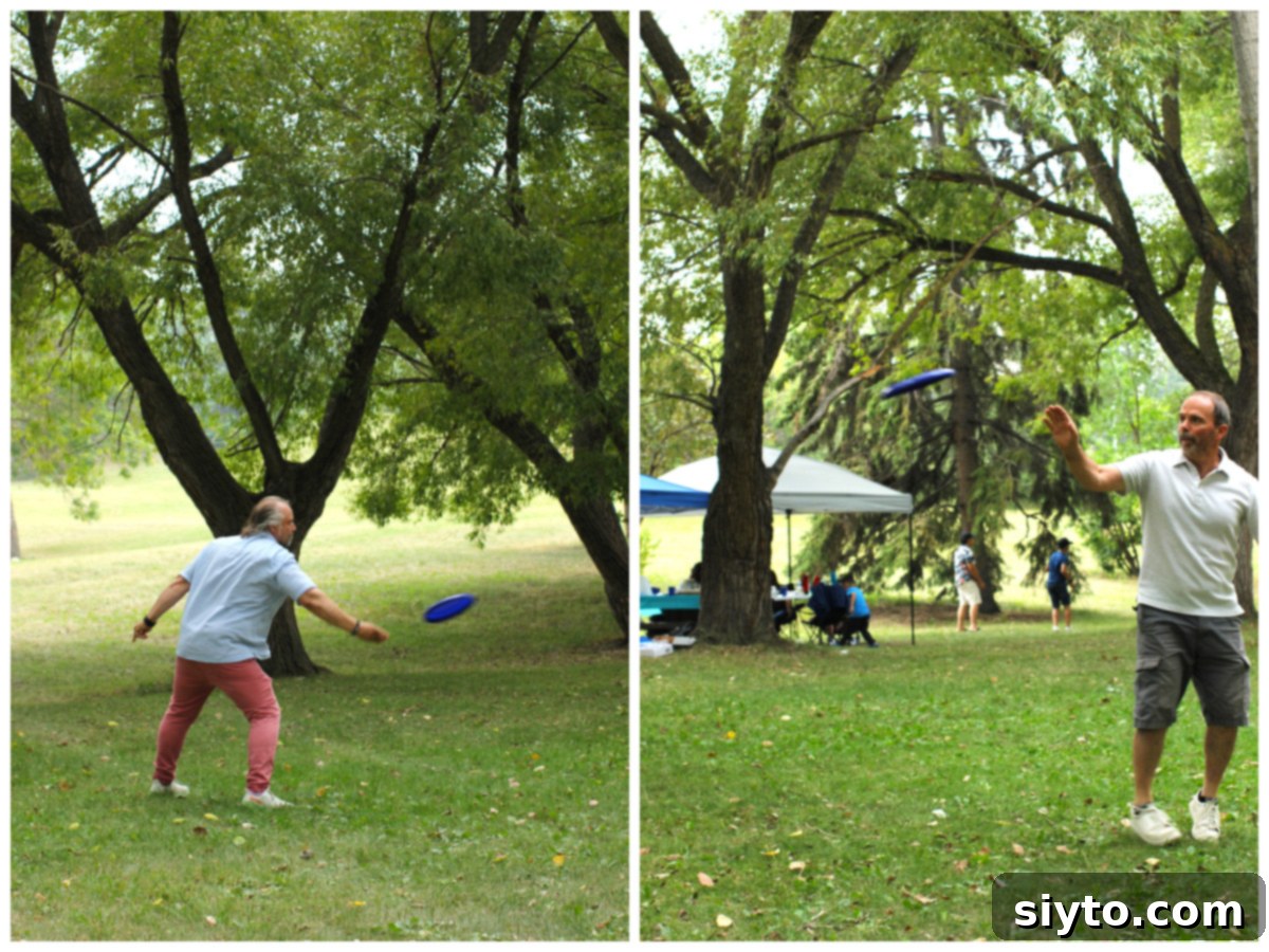 A two-photo collage showing Loreto and Raymond enthusiastically playing frisbee outdoors during a fun picnic gathering.