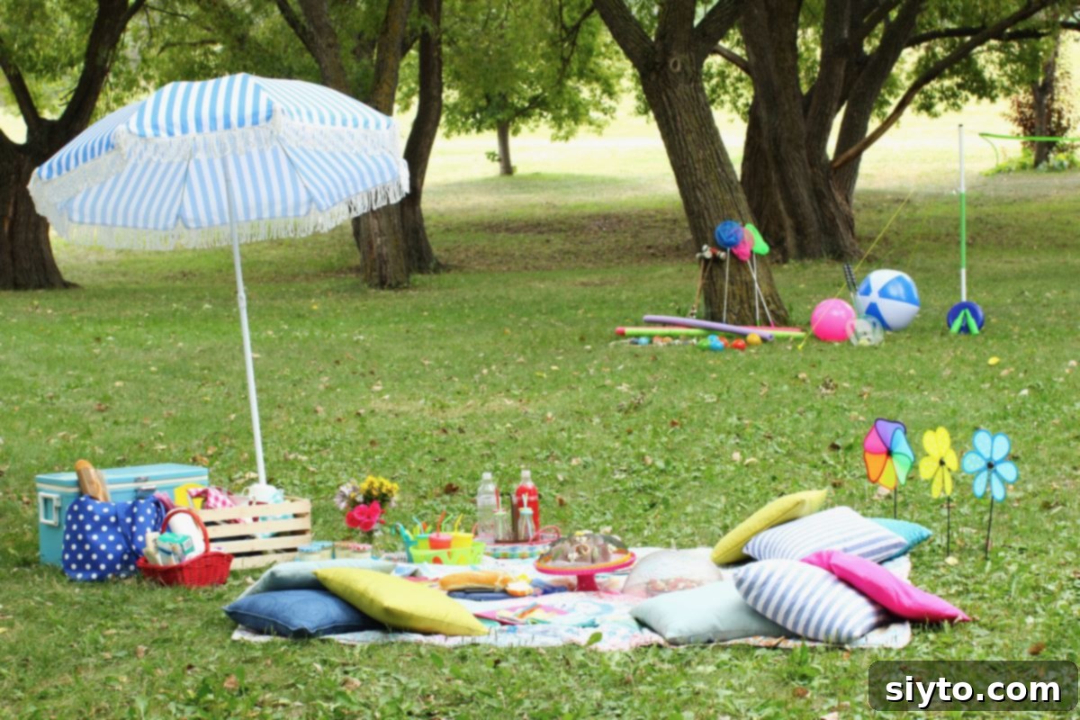 A vibrant picnic blanket and a large umbrella are set up on lush green grass, with various outdoor games equipment neatly stacked nearby, ready for post-meal fun.