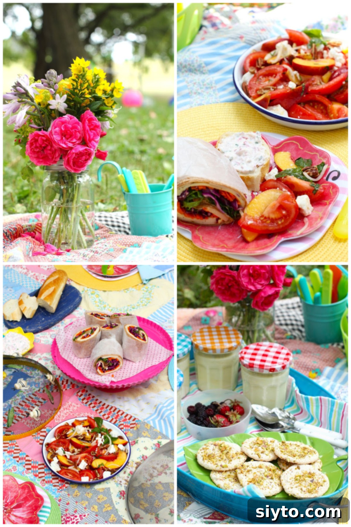 A four-photo collage showcasing various aspects of a lively 'Fun & Games' picnic, with a close-up of lemon mousse in jars visible in the bottom right frame.