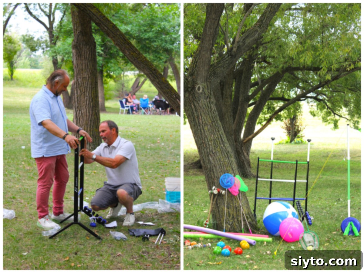 A two-photo collage: on the left, two men assemble a ladderball frame; on the right, various games equipment leans against a tree, ready for use.