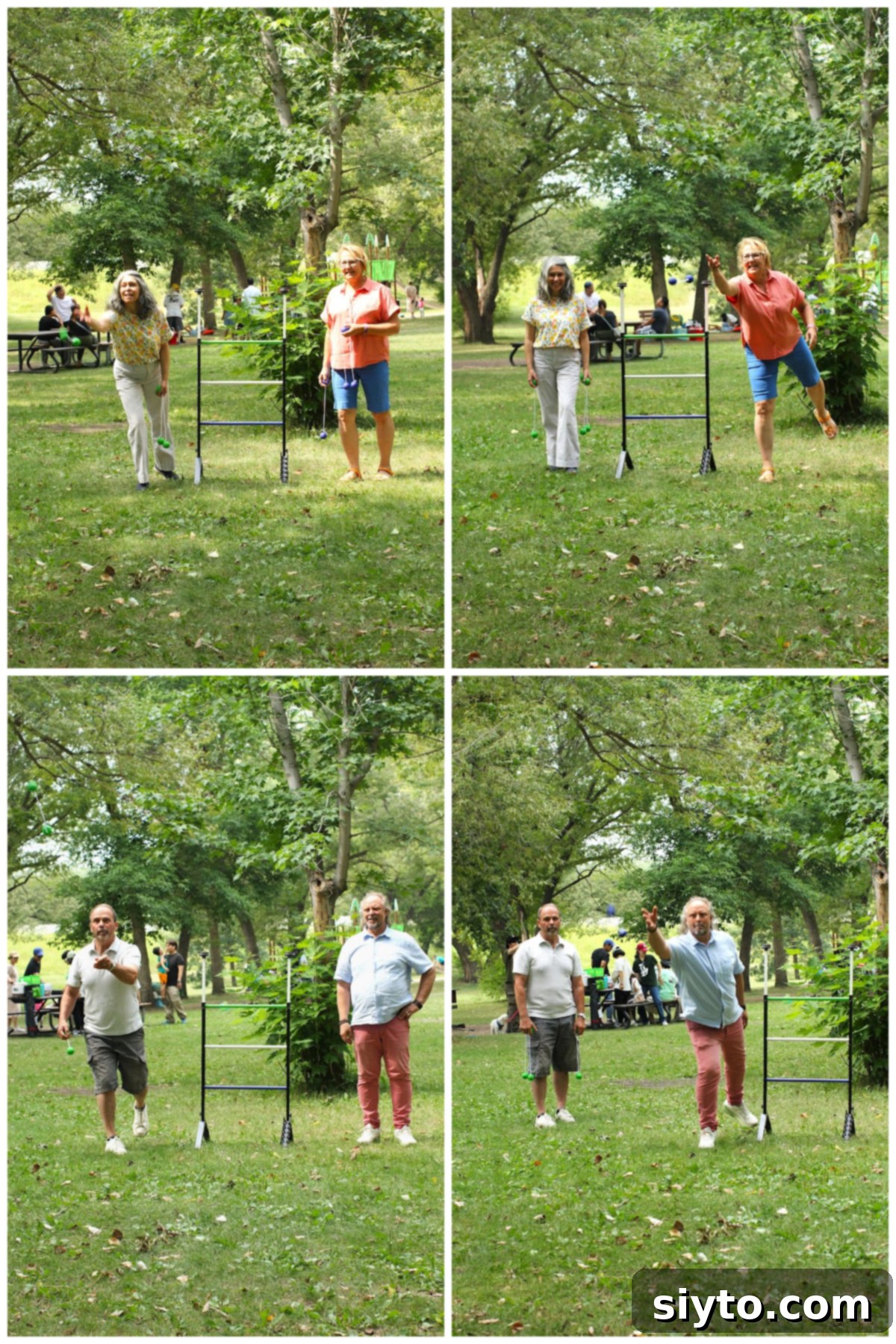 A four-photo collage capturing intense and fun moments of playing ladderball during a picnic, showing various players in action.