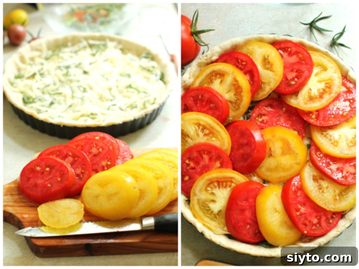 Rustic Tomato Tart 11 Two-photo collage: Left shows slicing fresh tomatoes; right shows arranging the sliced tomatoes in a circular pattern on top of the tart filling.